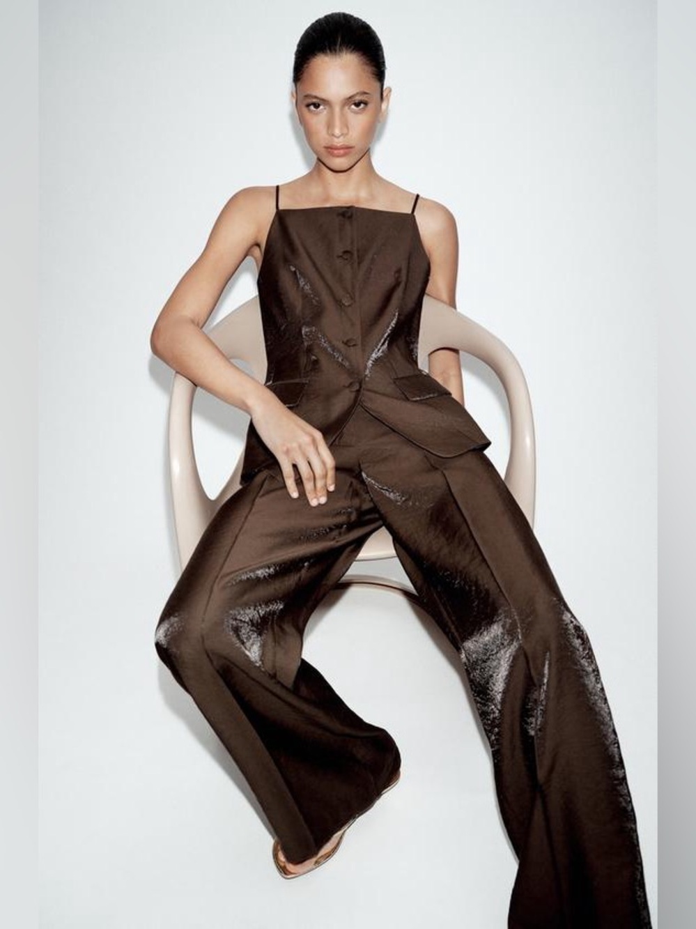 Zara Brown Wide-Leg Linen-Blend Pantsuit Set